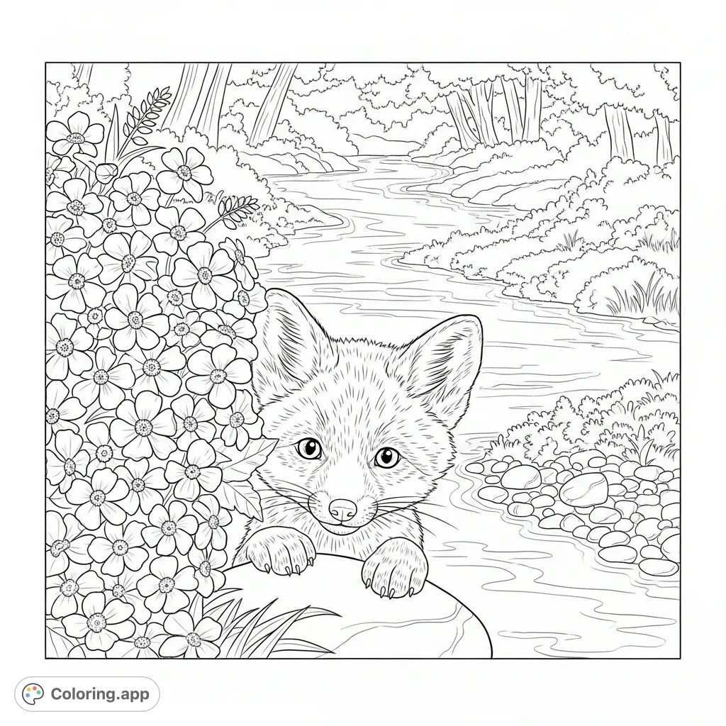 A charming baby fox peeks from wildflowers, a paw on a river stone, with a gentle stream and a natural backdrop. A delightful nature coloring page.