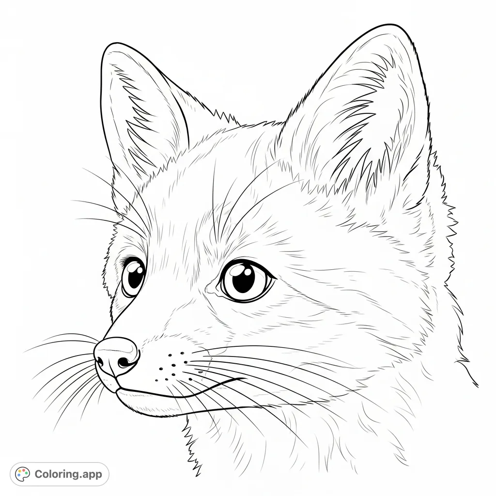 A heartwarming baby fox coloring page featuring a close-up of its expressive face, large eyes, and soft fur, set against a dappled forest background.