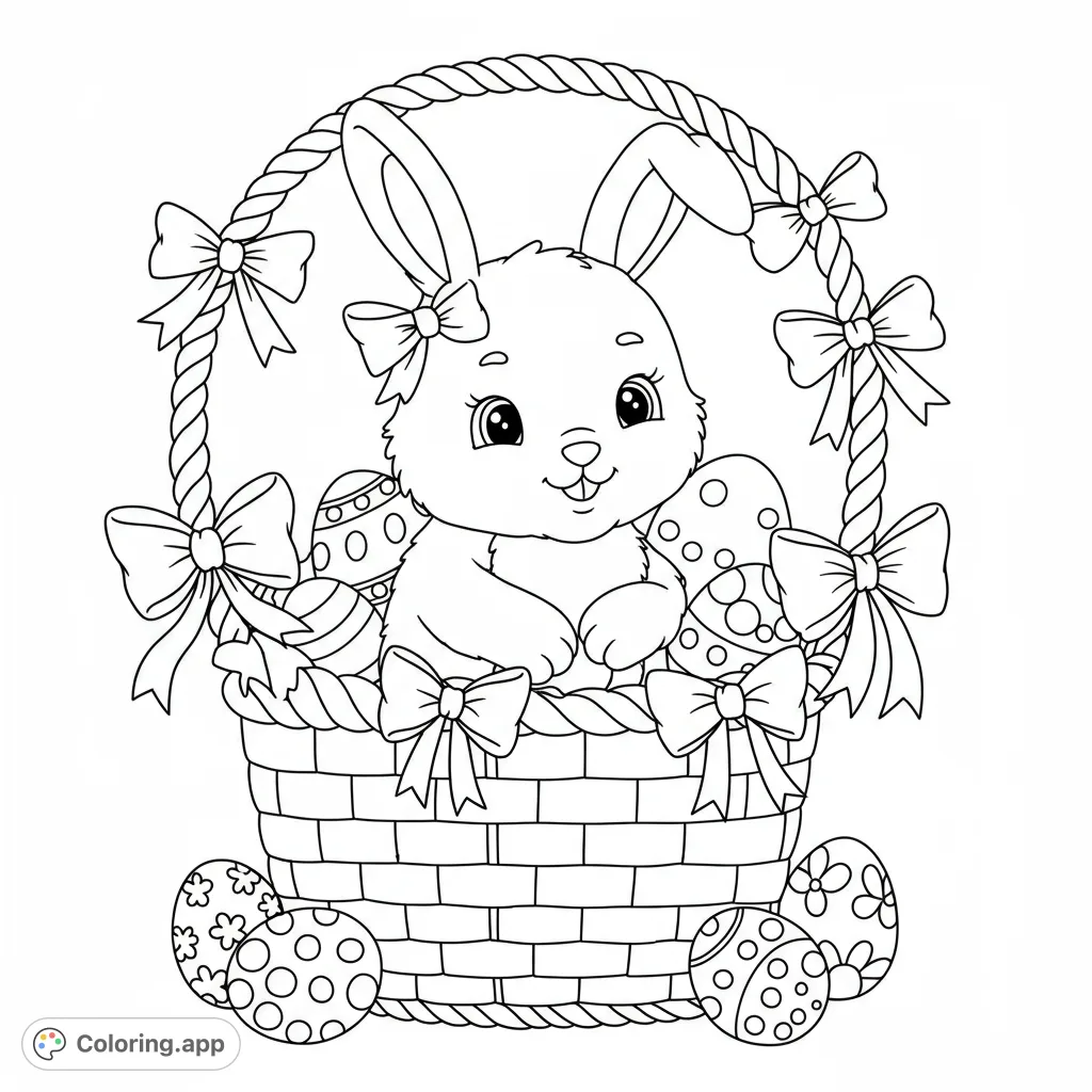 A delightful Easter bunny in a woven basket filled with decorated eggs. Perfect free printable Easter coloring page for kids and adults!