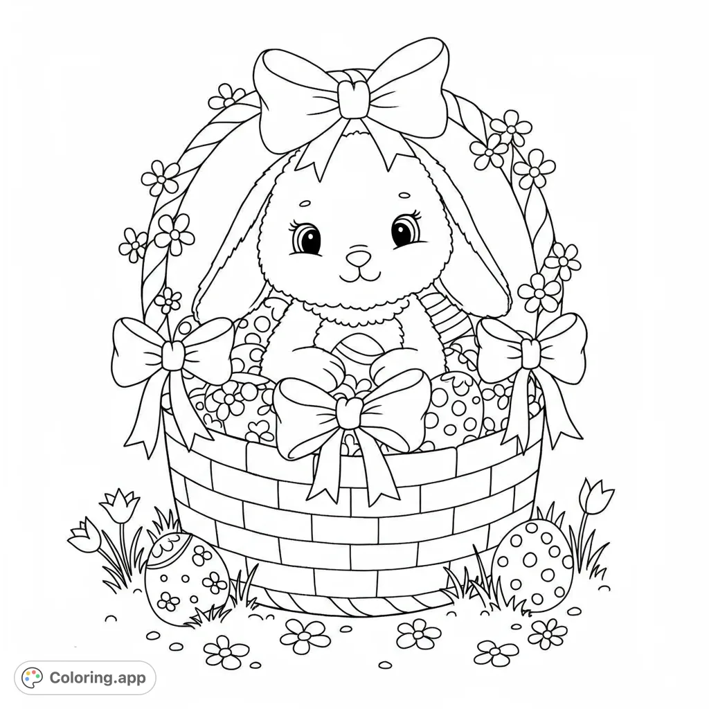 An adorable Easter bunny sits in a festive basket filled with patterned eggs and delicate flowers, perfect for a charming spring coloring page.