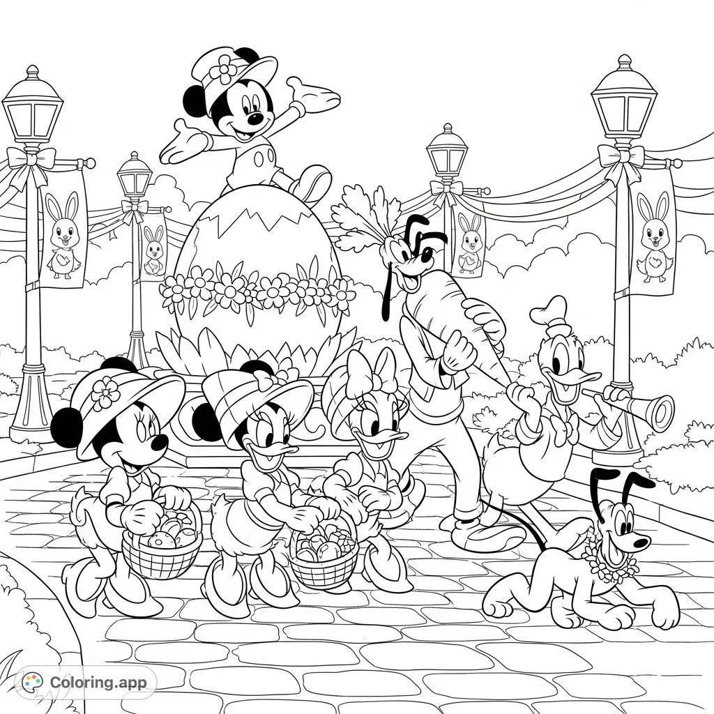 Join Mickey, Minnie, Donald, Goofy, Daisy, and Pluto in a joyful Easter parade! A fun-filled Disney character coloring page with festive details.