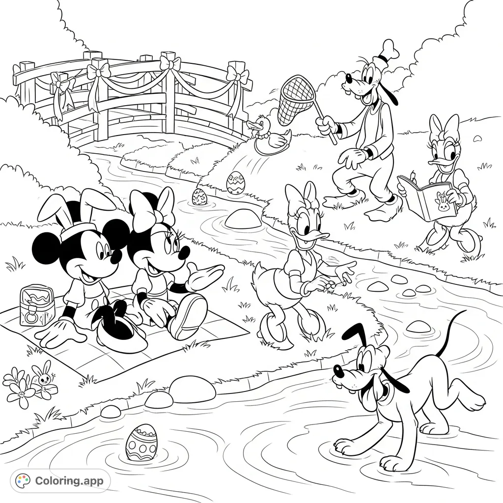 Join Mickey, Minnie, Donald, Goofy, Daisy, and Pluto for an adorable Easter celebration by a peaceful riverbank, full of springtime charm.