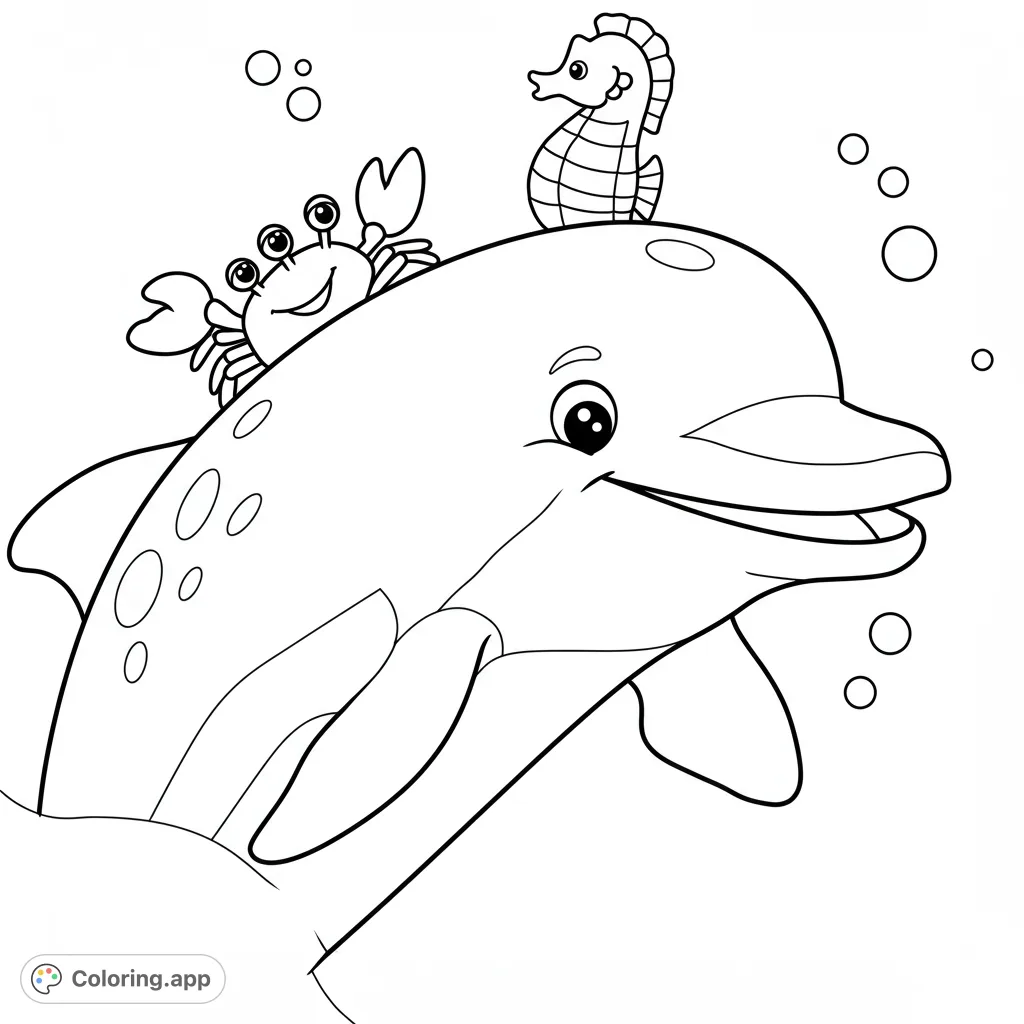 An adorable dolphin with a friendly crab and a striped seahorse on its back, surrounded by playful bubbles. A delightful ocean adventure!