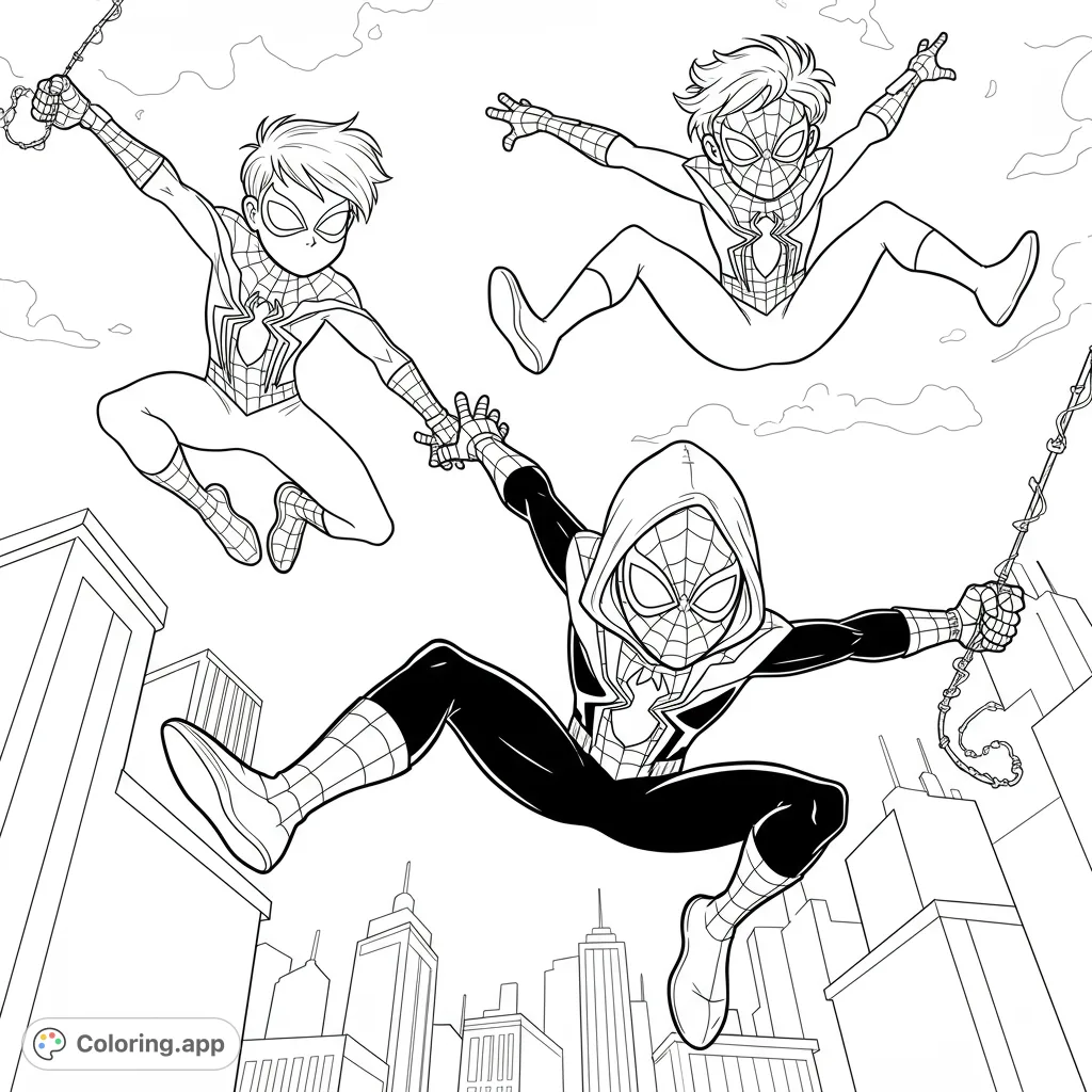 Dynamic superhero coloring page featuring three Spider-heroes leaping through a city, perfect for action-packed fun and creative expression.