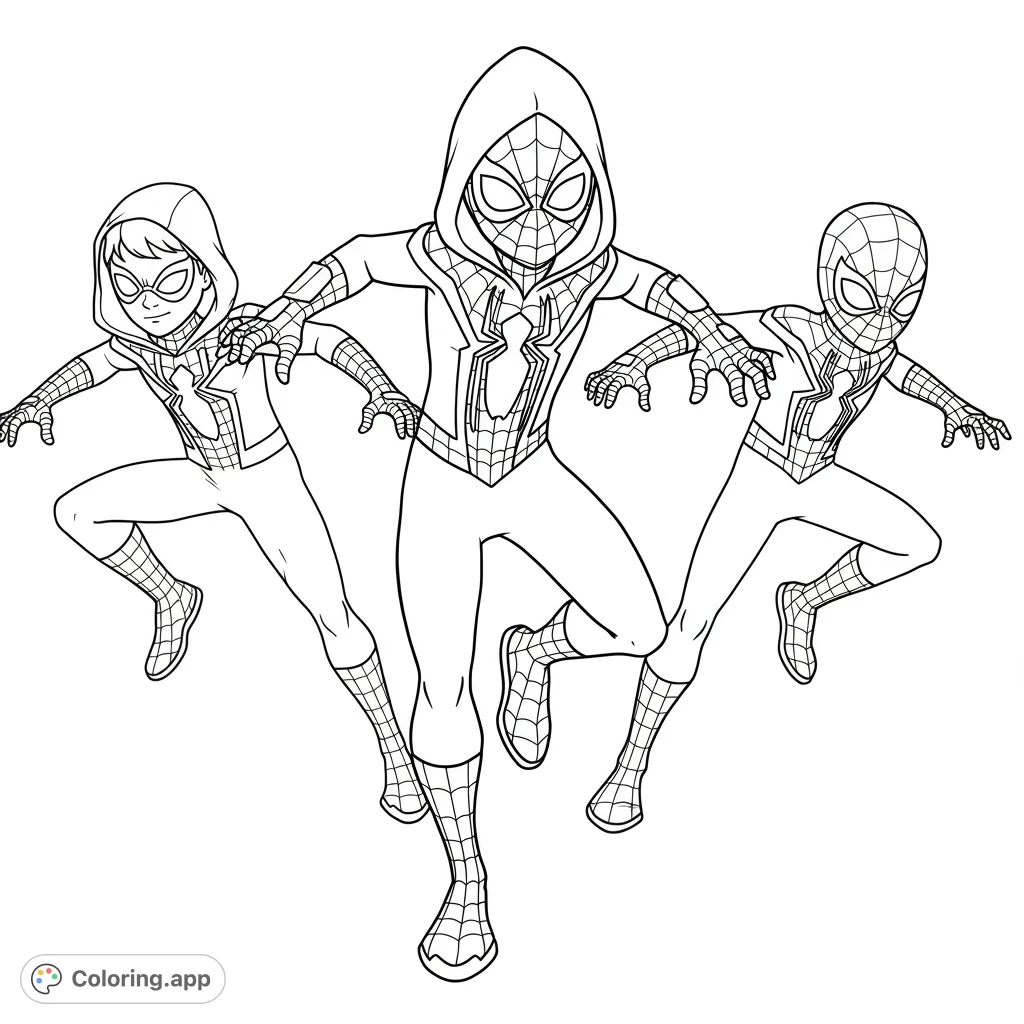 Unleash your creativity with this dynamic superhero team coloring page! Featuring three web-slinging heroes in action, perfect for all ages.