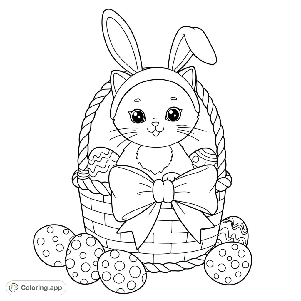 Adorable kitten with bunny ears in an Easter basket, surrounded by patterned eggs. A charming free printable Easter coloring page for kids and adults.