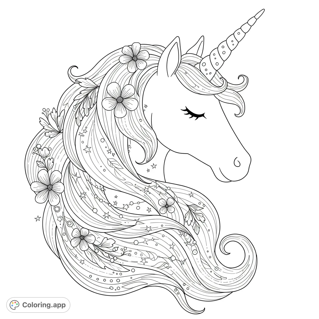 A beautiful unicorn head with a flowing, flower-adorned mane. Perfect for a magical unicorn coloring page, free printable for all ages.