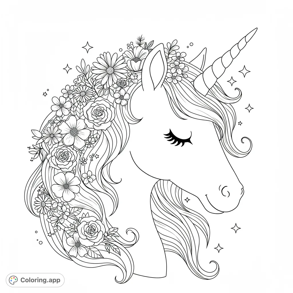 A beautiful unicorn head adorned with intricate flowers and a flowing mane, perfect for a magical unicorn coloring page experience. Free printable floral coloring page.