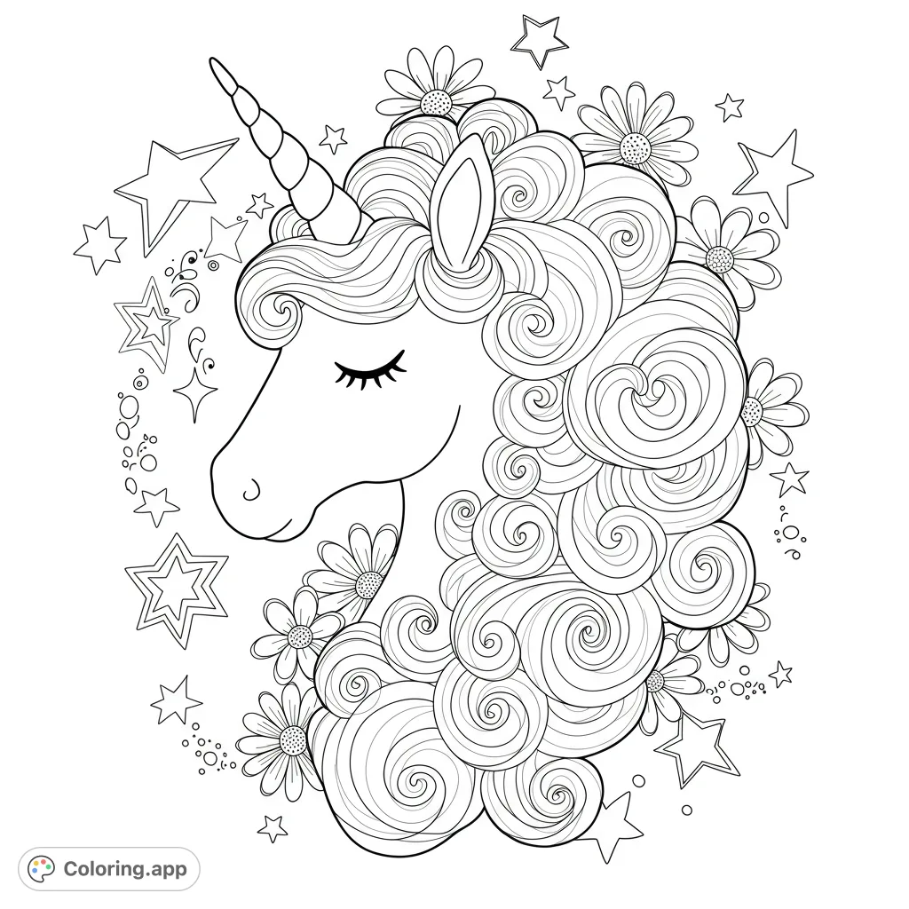 A magical unicorn head with a flowing, curly mane adorned with daisies and surrounded by stars. A whimsical free printable unicorn coloring page.