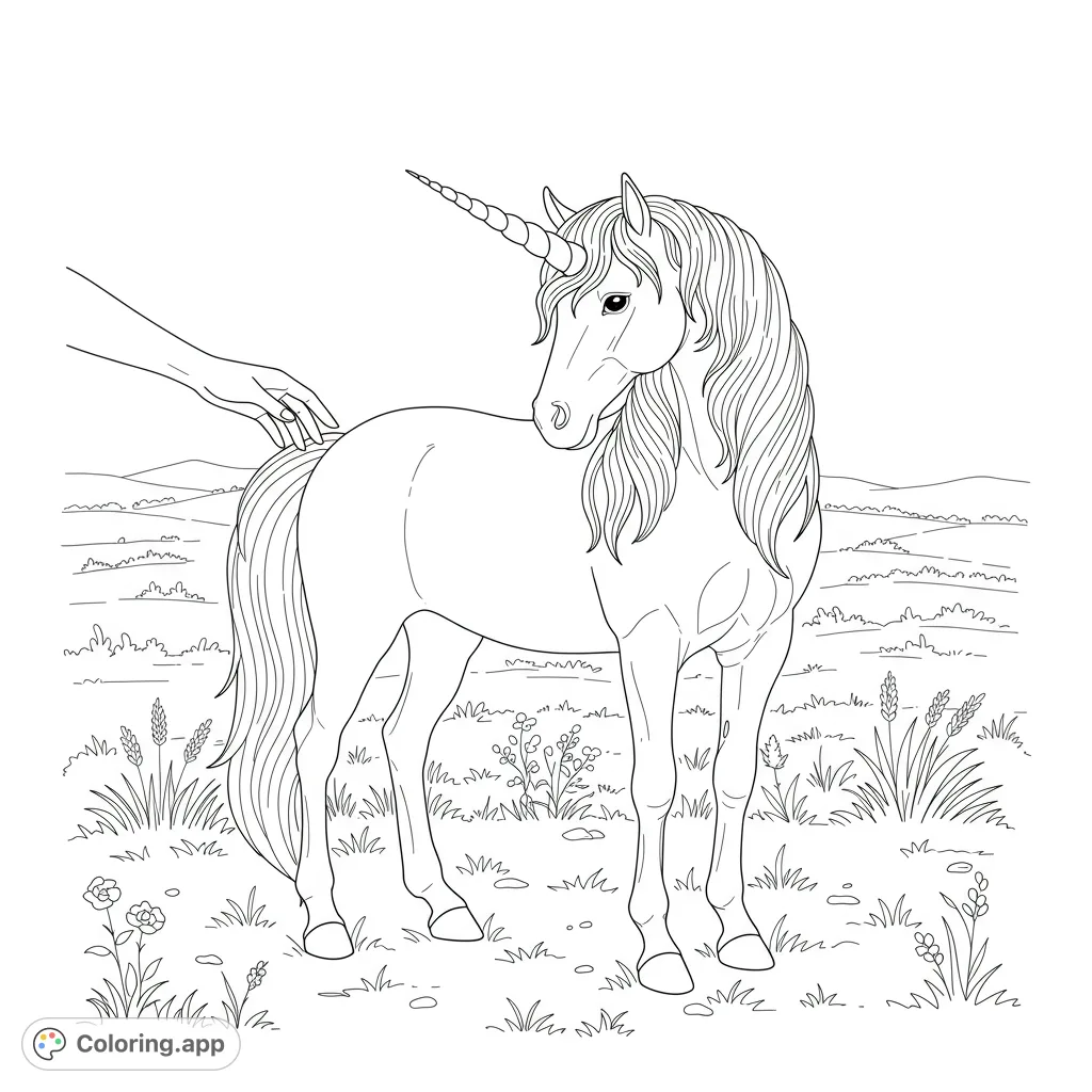 A serene unicorn receives a gentle stroke from a human hand in a peaceful meadow. Perfect for a magical escape and creative expression.
