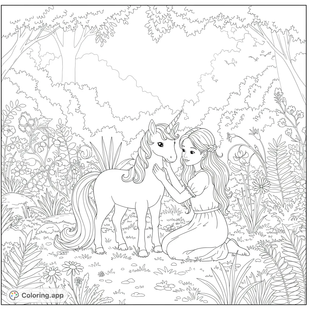 A heartwarming unicorn coloring page featuring a young girl tenderly petting a docile unicorn in a sun-dappled forest clearing, surrounded by ferns and wildflowers.