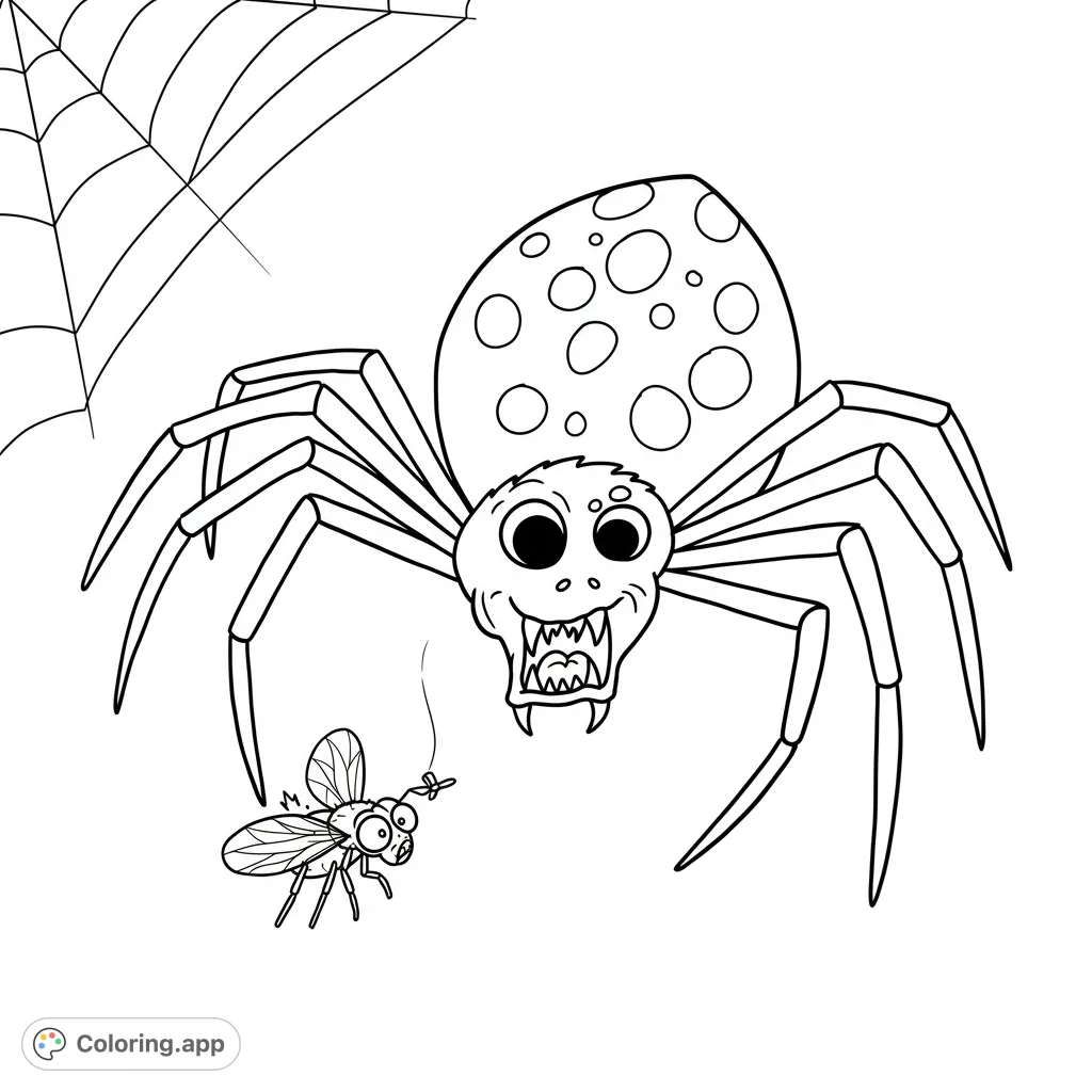 A fun spider coloring page featuring a grinning spider with a spotted abdomen and a surprised fly caught in its web. Perfect for spooky or insect themes!