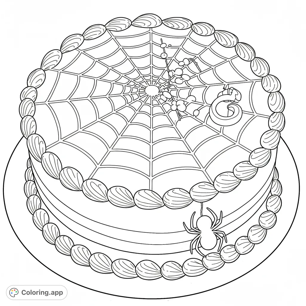 A festive Halloween cake coloring page featuring a detailed spiderweb on top, adorned with a dangling spider and decorative frosting borders. Perfect for spooky fun!