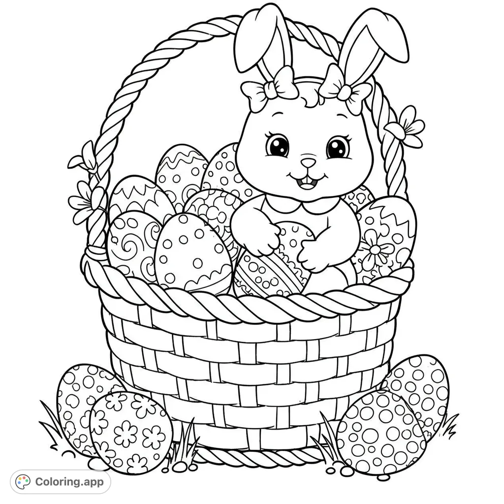 A delightful Easter coloring page featuring a cute bunny in a basket overflowing with patterned eggs. Perfect for spring fun!
