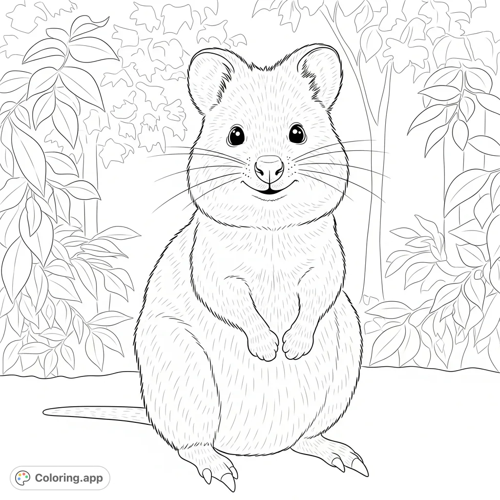 A delightful quokka sits smiling with perked ears and soft fur, its front paws on its belly, set against a serene, blurred foliage background.