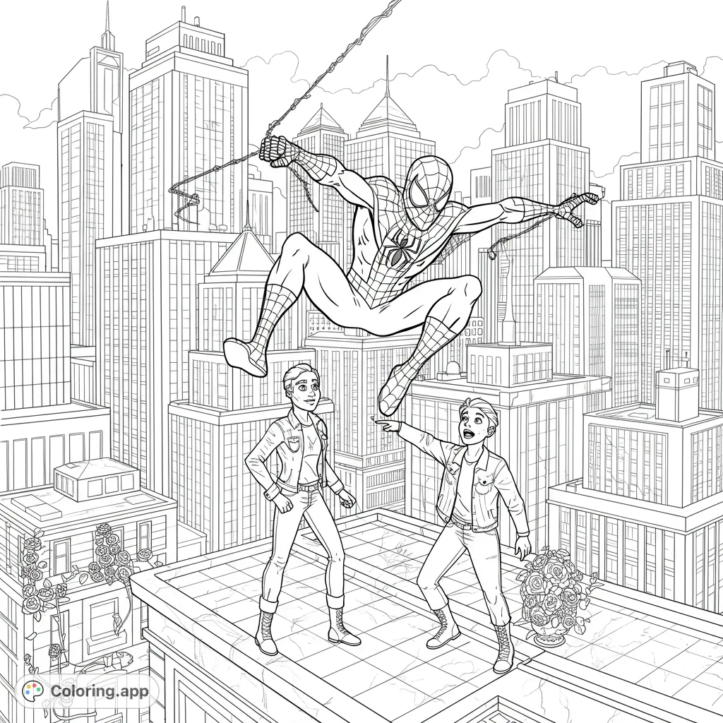 Experience a thrilling superhero adventure! A masked hero swings above a detailed city, joined by friends on a towering rooftop. Perfect for action fans.