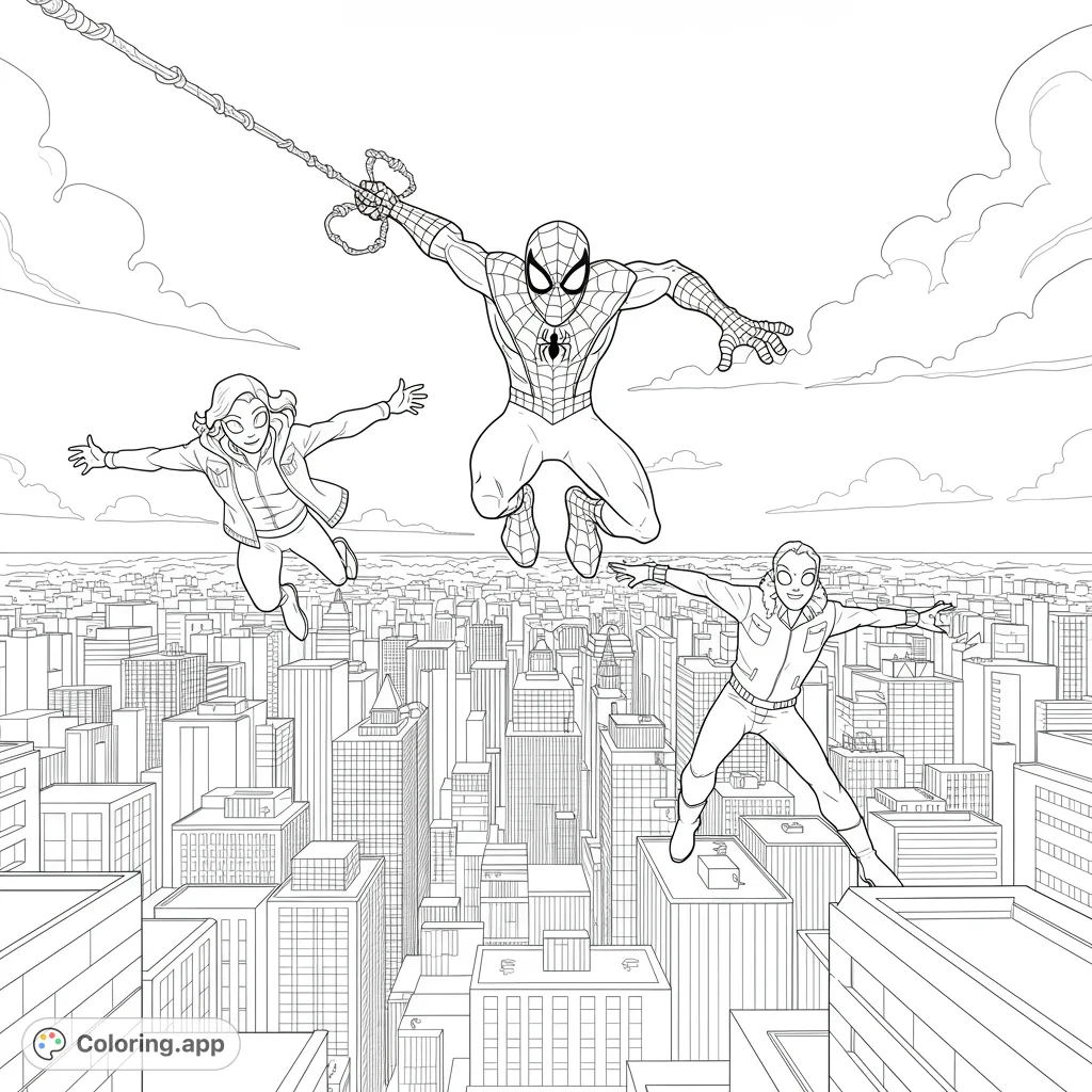 Witness a thrilling urban adventure as Spidey and friends leap across a dynamic city skyline, perfect for action-packed coloring fun.