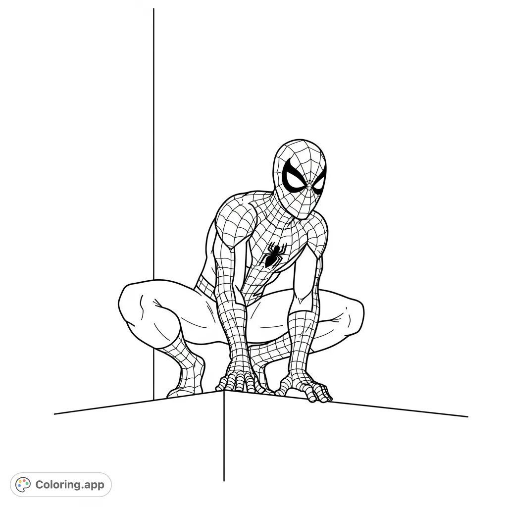 Dynamic Spider-Man coloring page featuring the hero poised on a narrow ledge, ready for action. A thrilling scene for fans of all ages.