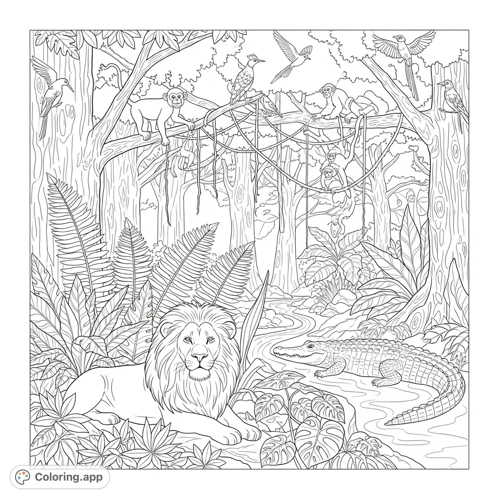 Immerse yourself in a lush jungle scene featuring a regal lion, a stealthy alligator, and playful monkeys. Perfect for nature lovers!
