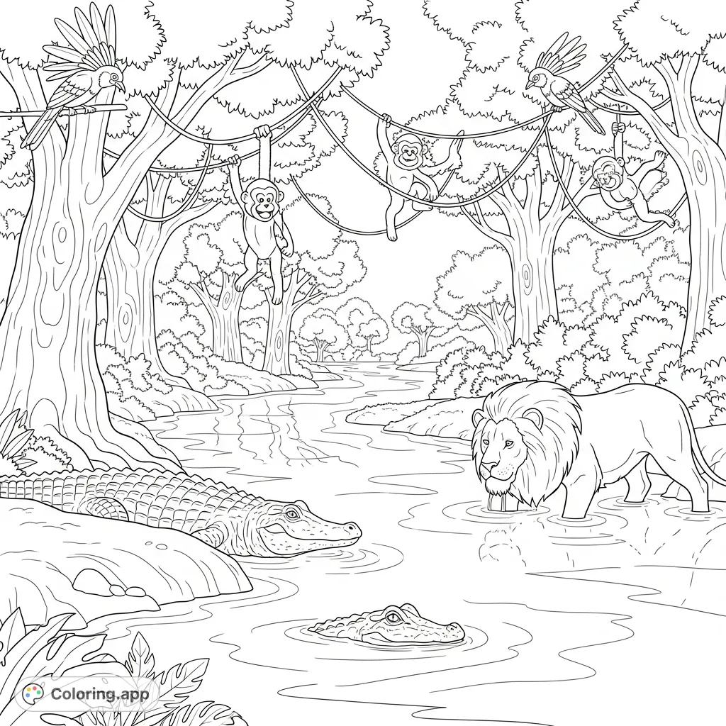 Discover a vibrant jungle river scene featuring a lurking alligator, a drinking lion, playful monkeys swinging, and exotic birds perched amongst dense foliage.
