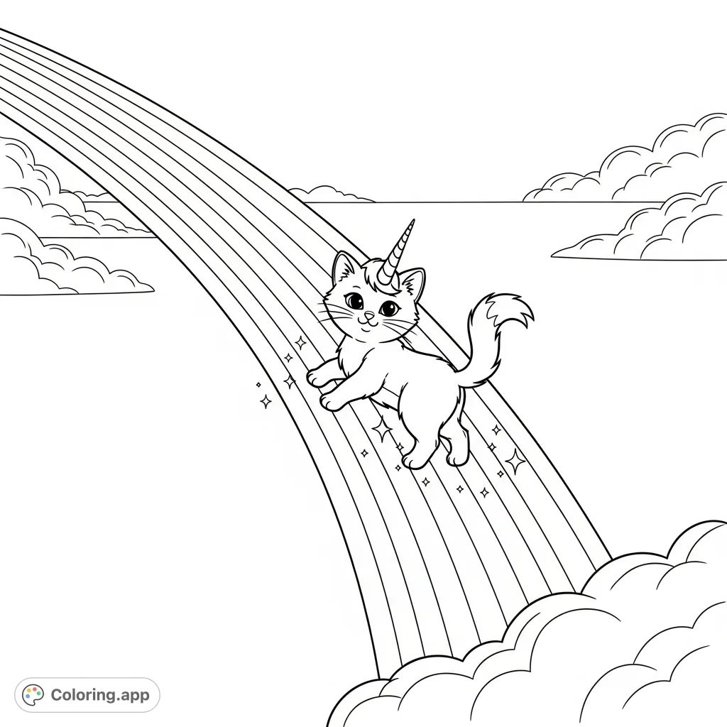 A whimsical kitty corn with a unicorn horn gracefully walks across a vibrant rainbow bridge connecting cloud-covered peaks under an open sky, surrounded by shimmering sparkles.
