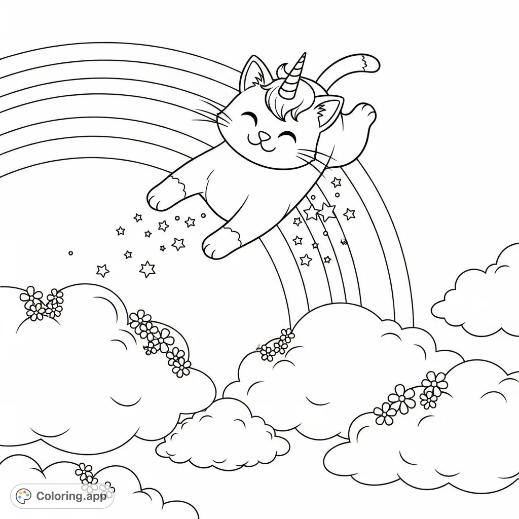A joyful kitty with a unicorn horn slides down a grand rainbow, leaving a stardust trail. Whimsical clouds with flowers create a magical, dreamy landscape below.