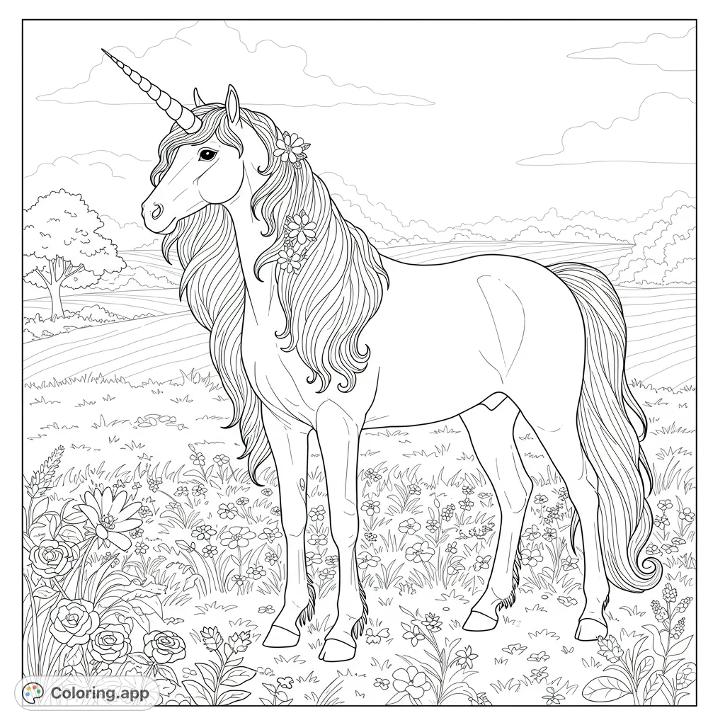 A majestic unicorn stands in a sun-dappled meadow, its flowing mane adorned with wildflowers. A magical fantasy scene for all ages.