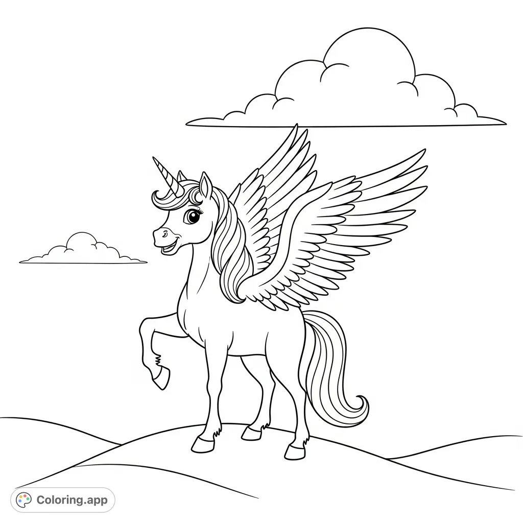 A majestic unicorn with unfurled wings and a friendly smile stands on a gentle hillock, beneath a single cloud. A magical scene for coloring.