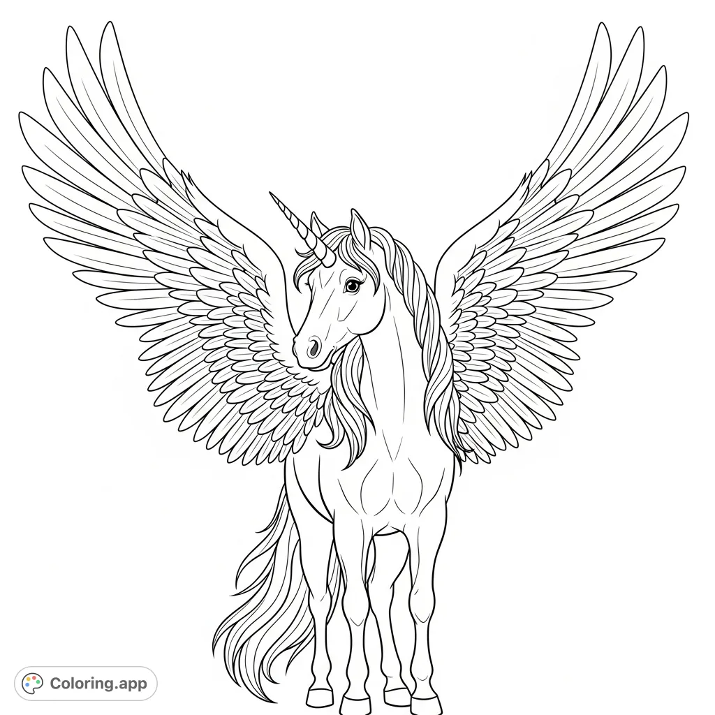 Discover a majestic winged unicorn with a gentle smile, spiraling horn, and flowing mane. A magical fantasy creature ready for your creative touch.