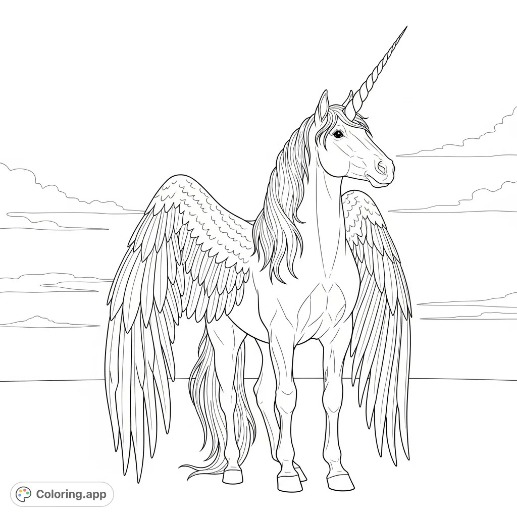 A majestic winged unicorn stands poised, its spiraled horn reaching skyward. This enchanting creature invites colorists to bring its ethereal beauty to life.