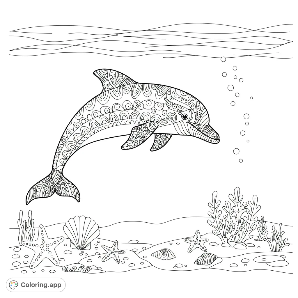 Dive into an enchanting underwater world with a beautifully patterned dolphin swimming above a detailed seabed of starfish, shells, and coral. Perfect for mindful coloring.