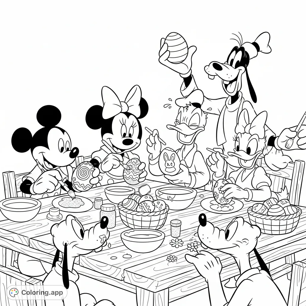 Join Mickey Mouse, Minnie, Donald, Goofy, Daisy, and Pluto as they decorate Easter eggs around a rustic table. A delightful, detailed scene!
