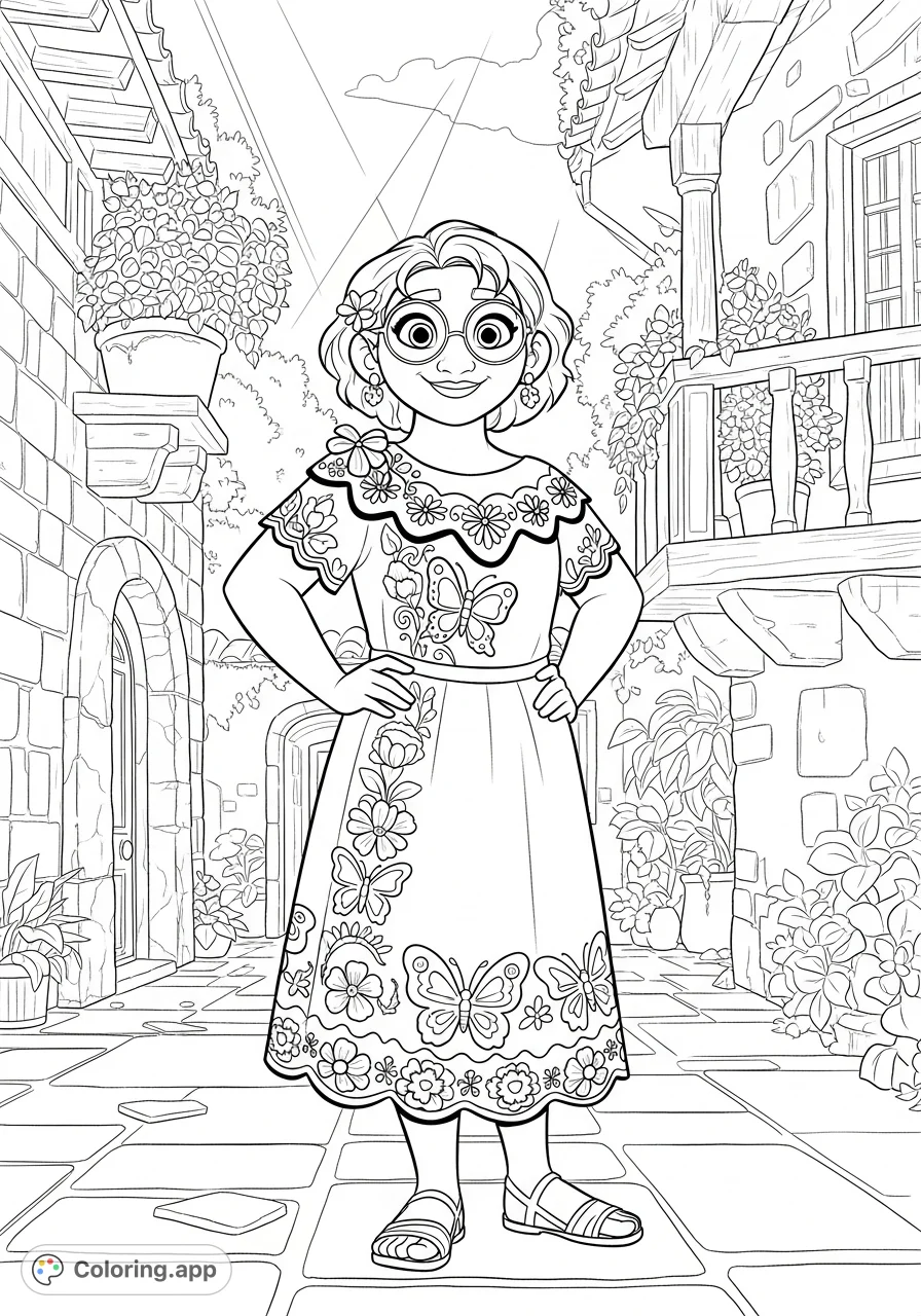 Join Mirabel Madrigal in Casita's magical courtyard. Her embroidered dress, shifting tiles, and blooming plants offer a delightful scene for creative coloring.