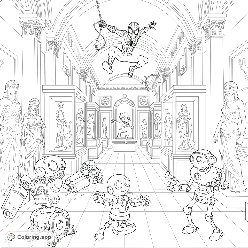 A dynamic superhero team thwarts a robot's museum heist, featuring Young Spidey, Ghost Spider, Spin, and Trace-E in a grand hall.