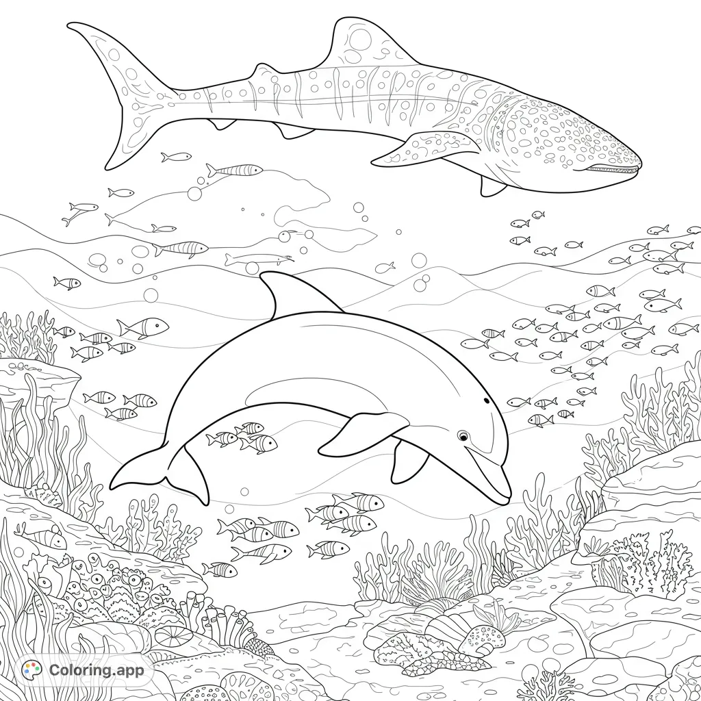 Dive into an ocean adventure with a majestic whale shark and playful dolphin amidst vibrant coral reefs and schooling fish. Free printable ocean coloring page.