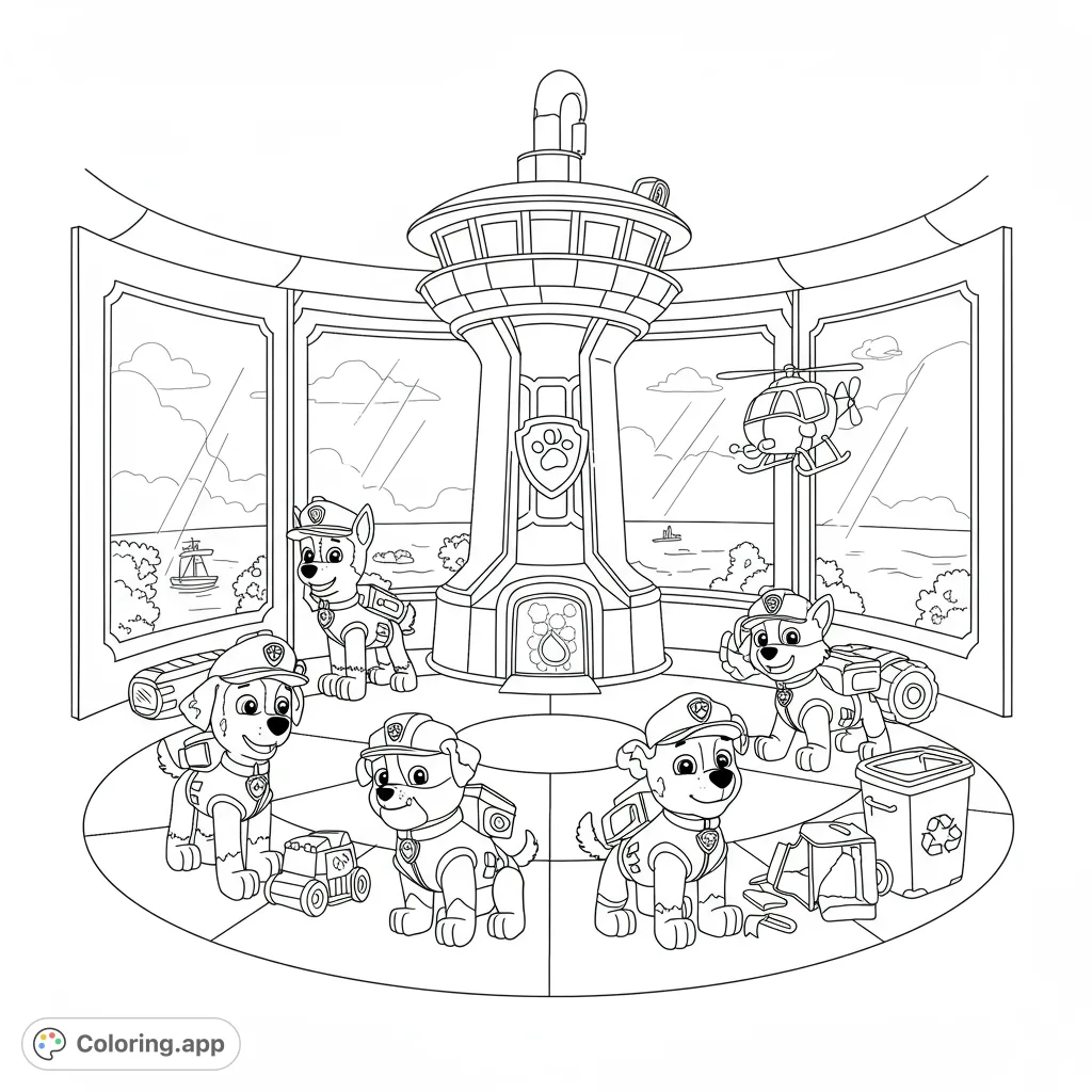 Join the Paw Patrol team at their Lookout Tower headquarters, ready for action! A fun, free printable Paw Patrol coloring page for kids.
