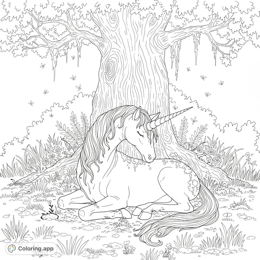 Discover a serene unicorn resting beneath an ancient oak tree, surrounded by fluttering butterflies and dappled light. A magical scene for peaceful coloring.