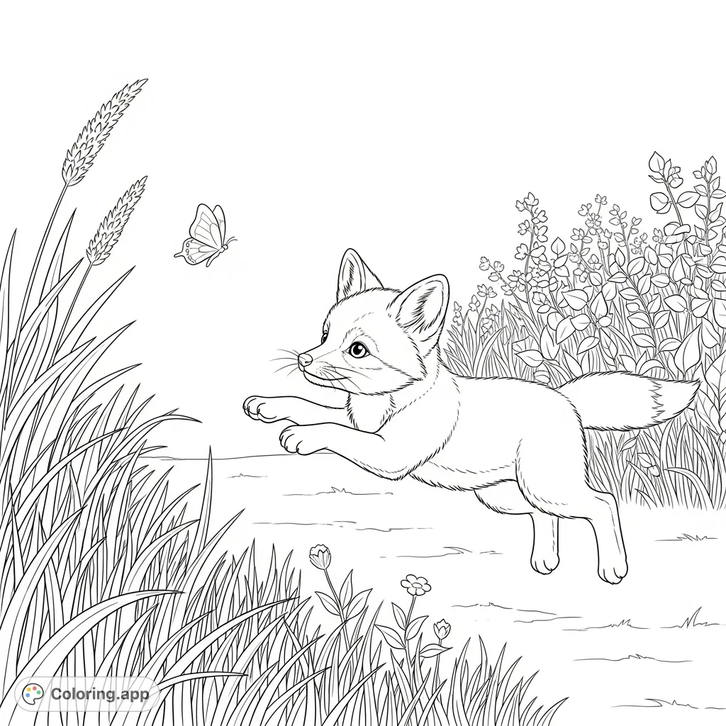 A charming baby fox in mid-pounce, captivated by a fluttering butterfly in a field of swaying grass. An adorable scene for nature lovers to color.