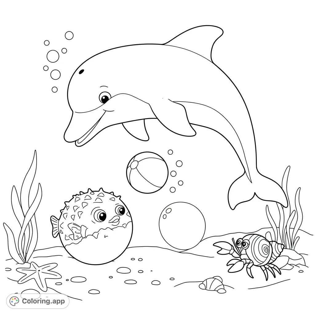 Dive into fun with this ocean coloring page featuring a playful dolphin, spiky pufferfish, and a cute crab. Free printable for kids!