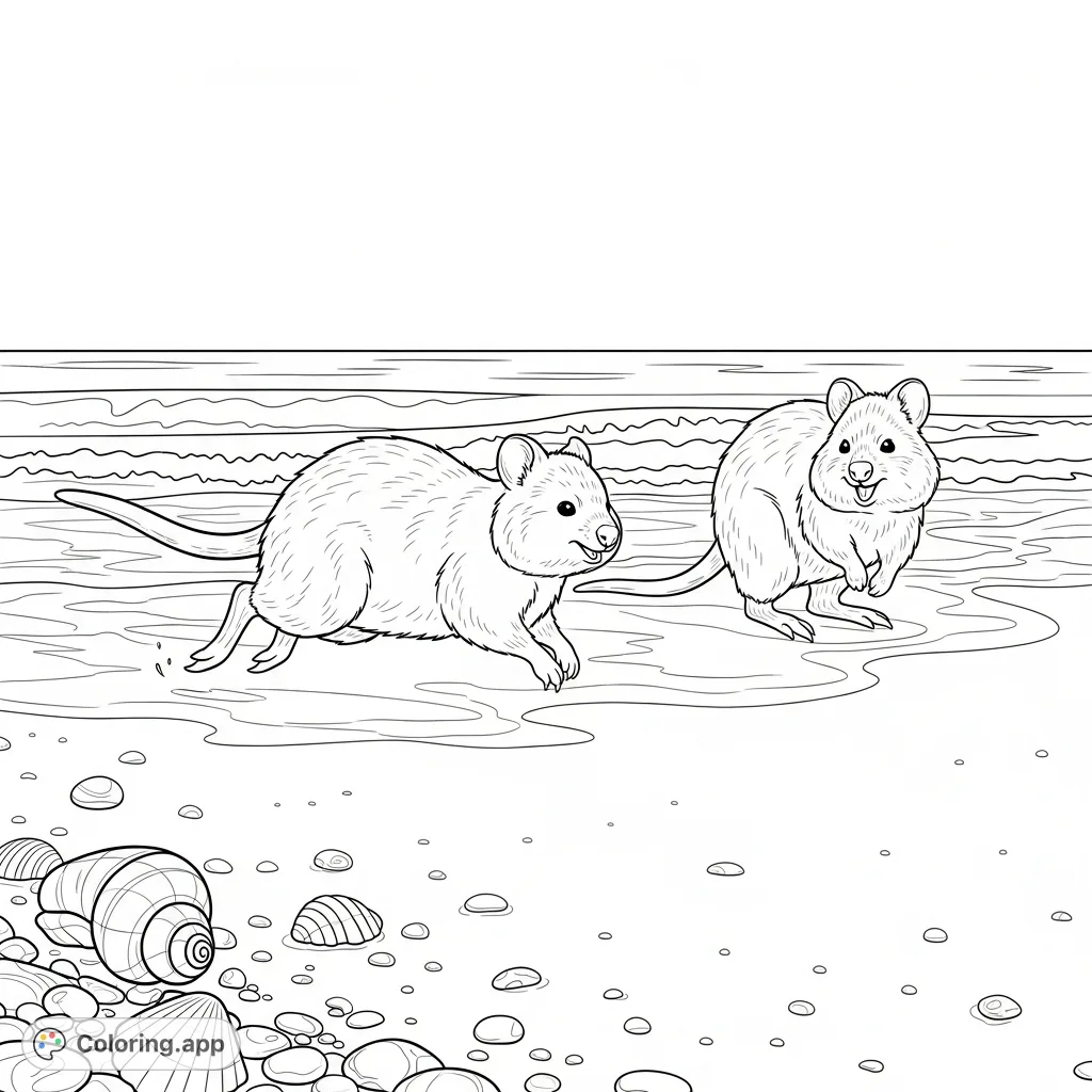 Dive into a charming quokka coloring page featuring two playful quokkas chasing on a sandy beach with gentle waves. A fun, free printable coloring page for animal lovers.