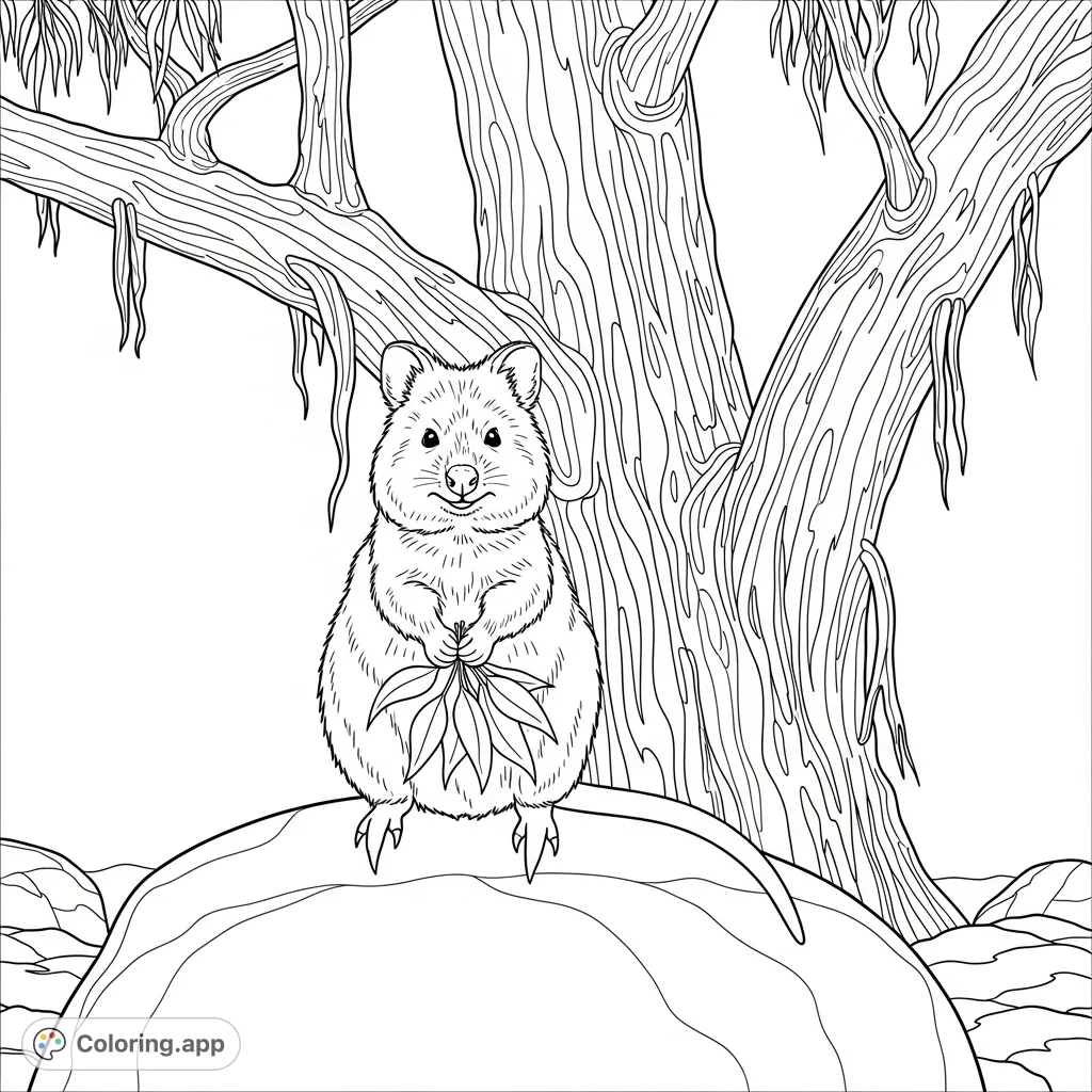 Discover a delightful quokka perched on a smooth rock, enjoying a snack under a clear sky, with an ancient eucalyptus tree in the background.