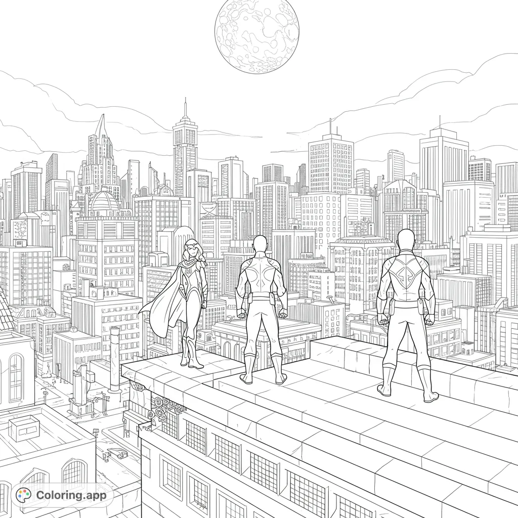 Three heroic figures stand silhouetted on a high rooftop, overlooking a detailed urban skyline with glowing windows and a prominent moon.