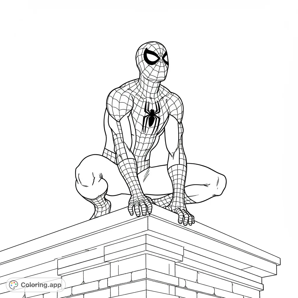 Capture Spider-Man on a rooftop, gazing skyward. Detailed suit with web lines and spider symbol visible from an elevated perspective. A thrilling superhero scene.
