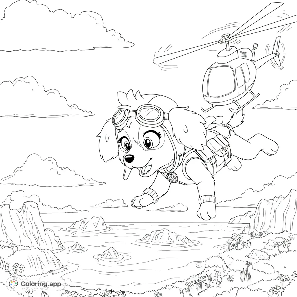 Join Skye the Cockapoo on an aerial adventure! This free printable coloring page features a joyful dog soaring above a vast ocean with islands and clouds.