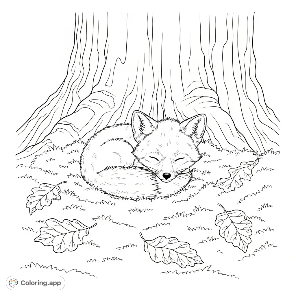 A peaceful baby fox naps curled in a tree hollow, surrounded by soft moss and intricately patterned leaves. A heartwarming forest scene for mindful coloring.