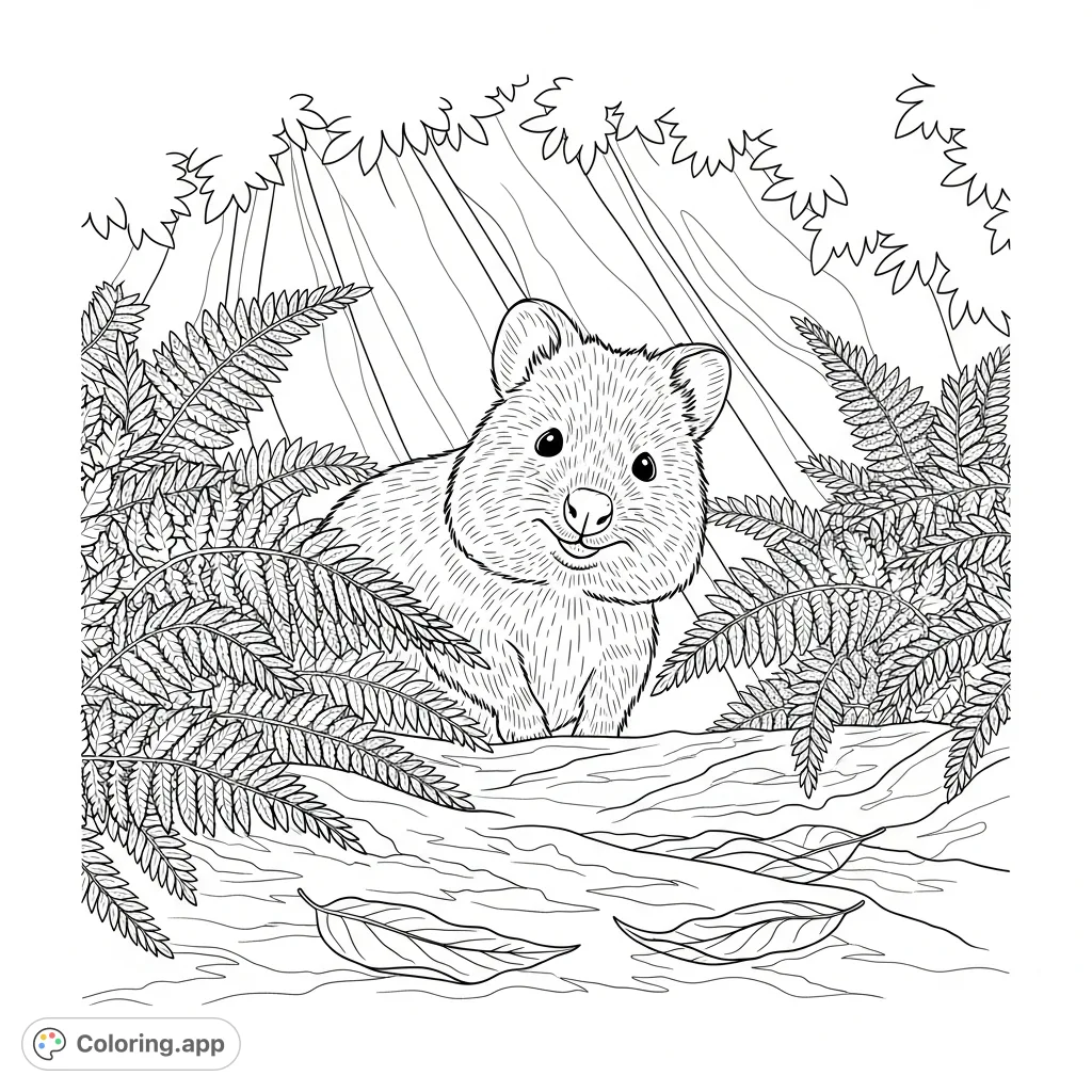 A delightful quokka peeks from lush ferns with its famous smile, inviting you to color this charming quokka coloring page. Perfect for nature lovers and free printable coloring page enthusiasts!