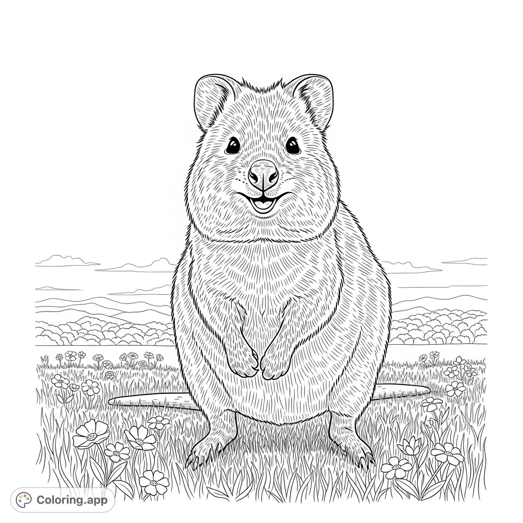 Capture the cheerful spirit of a quokka in its natural habitat, with its distinctive smiling face, surrounded by grass and wildflowers under an open sky.