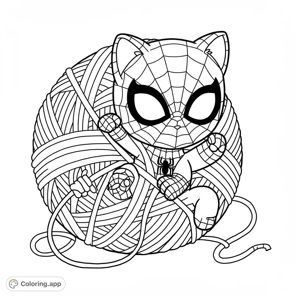 Adorable chibi Spider-Cat tangled in a giant yarn ball, a free printable coloring page for superhero and animal lovers. Fun for all ages!