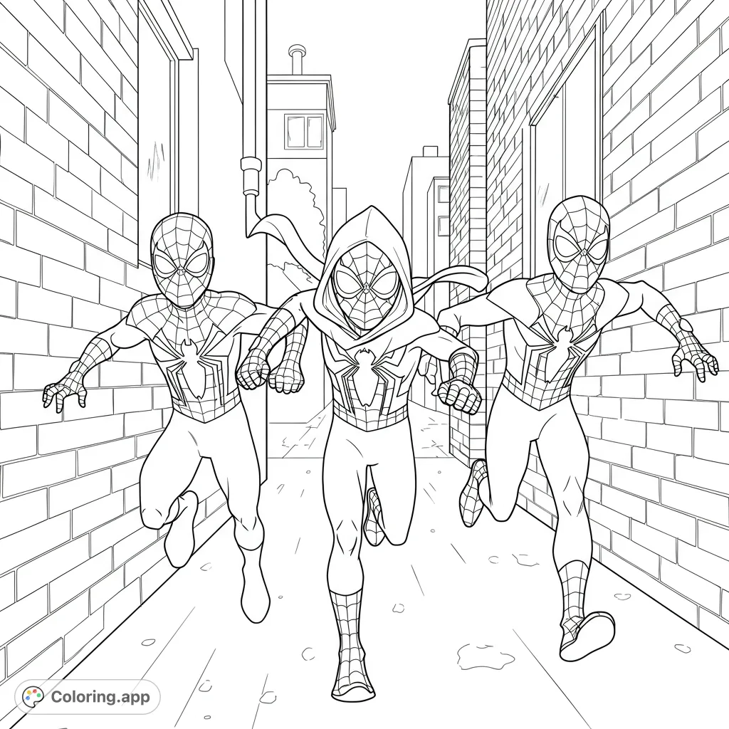 Three dynamic Spider-Man heroes race through a detailed city alley, ready for action-packed coloring fun. A thrilling superhero coloring page!