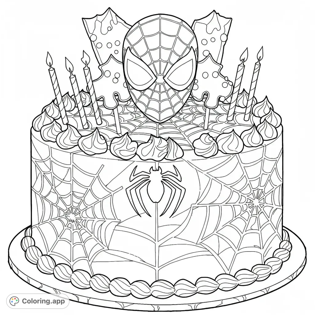 Celebrate with a detailed Spider-Man birthday cake coloring page, featuring webs, candles, and frosting. Perfect for superhero fans of all ages!